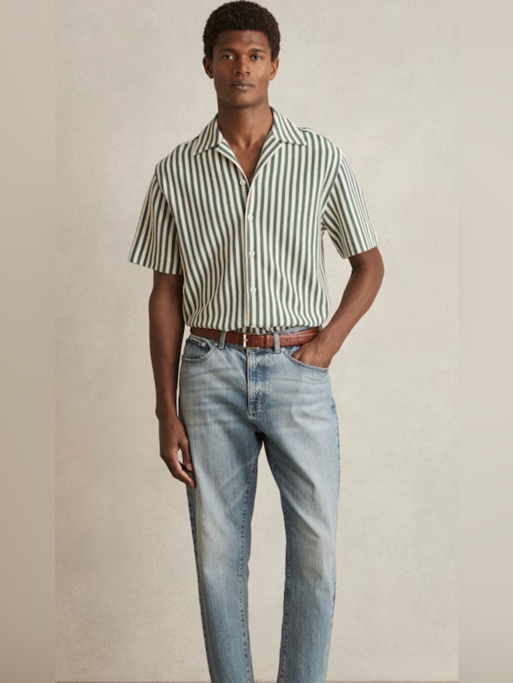 NWOT REISS Trig Textured Stripe Cuban-Collar Shirt in Green/White L